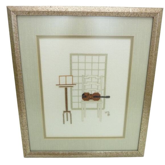 Vintage Cross-stitch Violin on Chair Framed Cottage Musician Home Decor - Picture 1 of 6